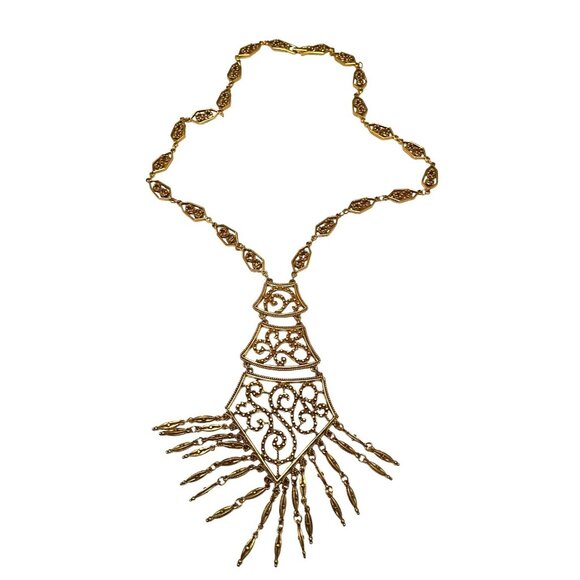 Vintage Monet Gold Filigree Paisley Tassel Statement Necklace 1970S Designer Art - Picture 14 of 16